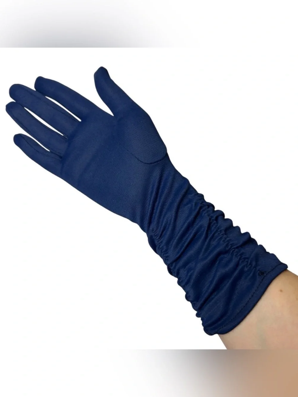 Vintage 1940s Navy Blue Nylon Ruched Pair of Gloves Mid Length Womens 13” - Picture 1 of 4